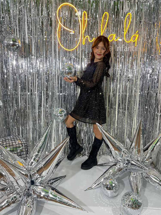 V. Elegante Negro Lentejuela Dorada